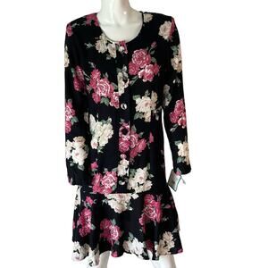 LESLIE FAY Vintage 90s Dress Black Floral Button Front Drop Waist Dress 10P